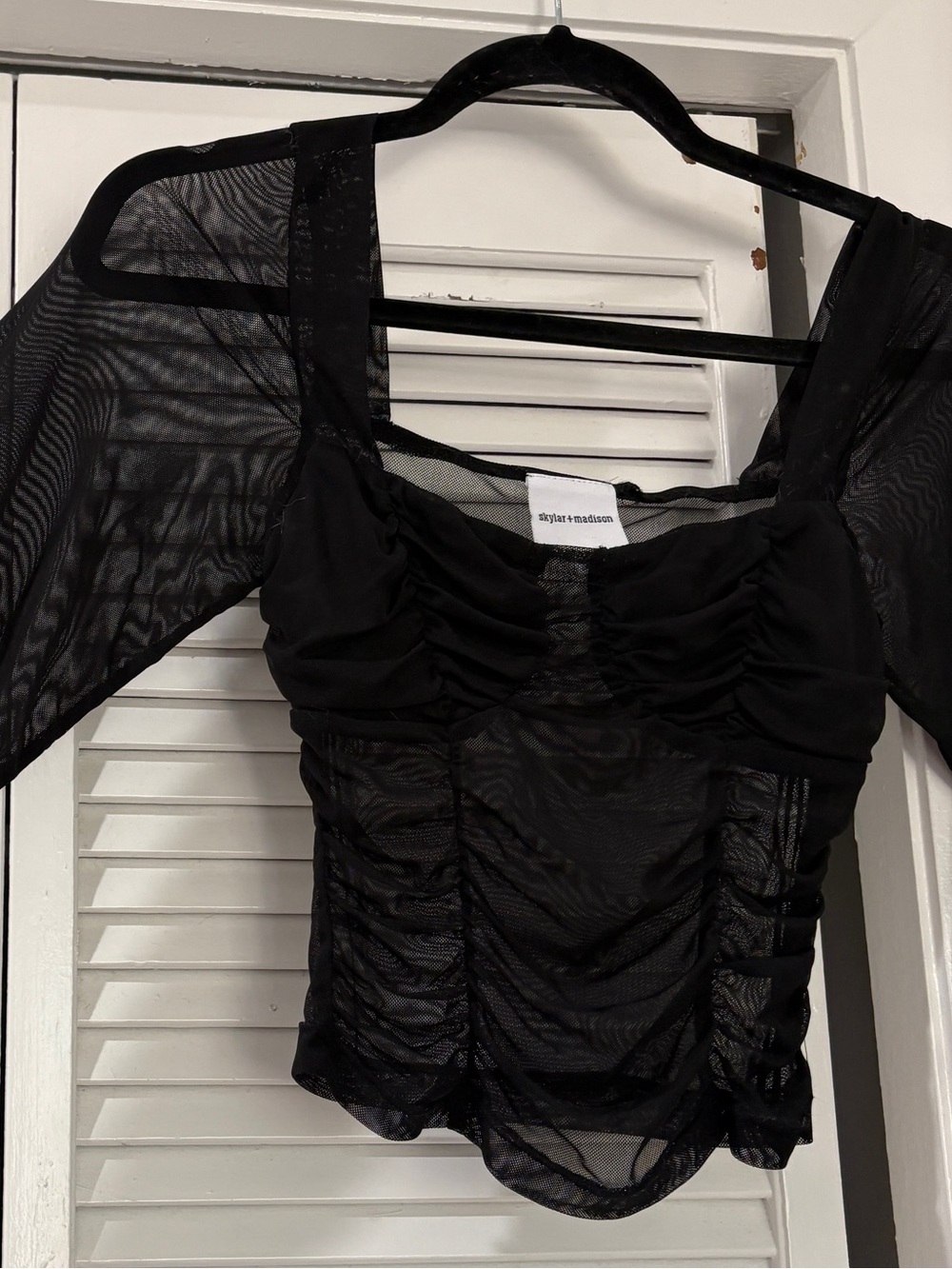 Skylar + Madison Black Sheer Ruched Mesh Top